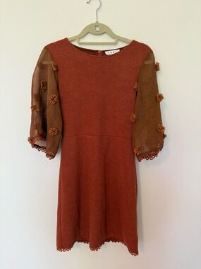 THML Terracotta Knit Dress with Sheer Sleeve Accents